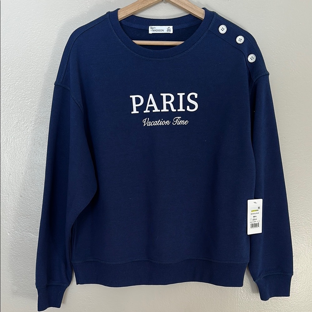 NEW 89th & Madison Blue‎ Crew Neck Sweater with Paris Text